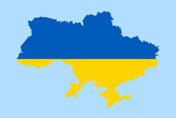 Map of Ukraine on a blue background, Flag of Ukraine on it.