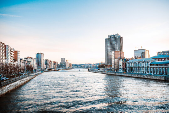 LIEGE, BELGIUM - February 24, 2018: Architectural landscape by the river in Liege, Belgium