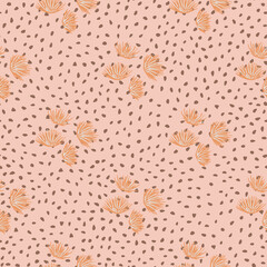 Orange outline flower buds seamless pattern. Thorn shapes ornament on pink dotted background.