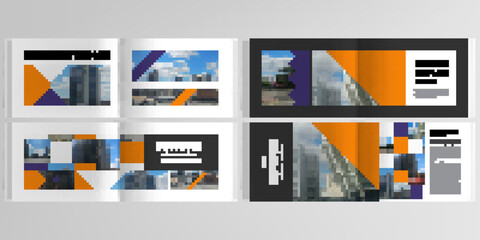 Vector layouts of horizontal presentation templates for landscape design brochure, cover design, book design, magazine. Abstract design project in geometric style with squares and place for photo. - obrazy, fototapety, plakaty