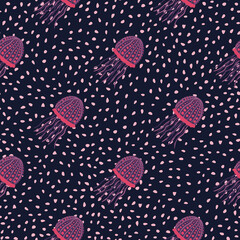 Dark sea seamless doodle pattern with jellyfish marine print. Pink and purple colored exotic print with dotted background.