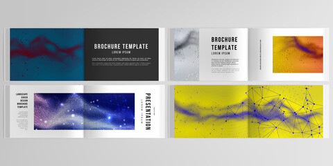 Fototapeta na wymiar Vector layouts of horizontal presentation templates for landscape design brochure, cover design, flyer, book. Colorful wavy particle surface background for technology or science cyber space concept.