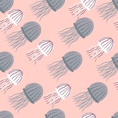 Blue and white colored jellyfishes seamless pattern. Undersea print with pink soft background.