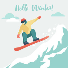 Jumping snowboarder on snow mountains on light background vector flat cartoon illustration. Lettering Hello Winter. Winter card, poster. New year style, holidays vibes. Winter sport and recreation.