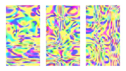 Multicolored psychedelic swirl background set, yellow vector artworks. Vertical good vibes colorful templates, vivid posters