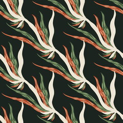 White, green and coral colores seaweed seamless pattern. Doodle underwater print on dark background.