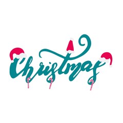 Lettering Christmas, Santa hat, candy cane stick. In isolation. Season. Holidays.