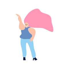 Happy pink girls are dancing. Love your body. Body positive. Attractive overweight woman. Vector illustration.