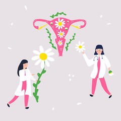 Obraz premium Two female doctors collect daisies for the treatment of the female reproductive system, treatment of candidiasis, irritation.Care, hygiene, women's health concept. Vector banner template.