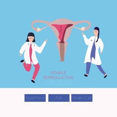 Two female doctors talk about a woman's reproductive system. Website page. Medicine, women's health concept.