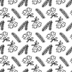 Linear New Year seamless pattern. Coloring page for adults and children on white background in cartoon style. Pattern with Christmas tree branches and bells