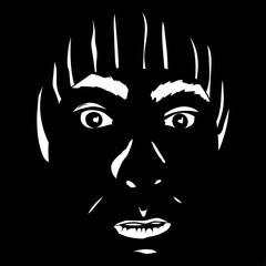 Vector illustration. Isolated white silhouette of mystical face on a black background. Design element for poster, banner, clothes. Simple flat style.