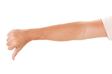 Male asian hand gestures isolated over the white background. Thumb Down Pose.