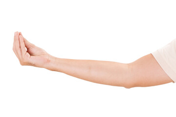 Male asian hand gestures isolated over the white background. CATCHING POSE.