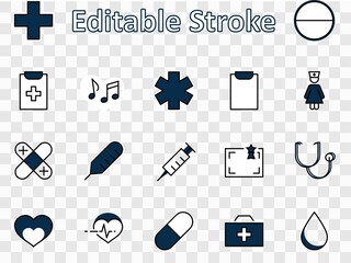 Set of Medicine vector line icons. It contains the first aid kit, nurse, syringe, thermometer, plastic, pills, heart, drop of blood, palpitation and much more. Editable Stroke. 32x32 pixels.