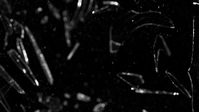 Super slow motion of shattered glass on black background. Filmed on high speed cinema camera, 1000 fps.