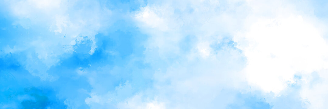 Beautiful watercolor white blue splashed background, cloudy summer or spring sky paper