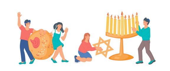 Children celebrating Hanukkah Jewish holiday. Cartoon characters of boys and girls with menorah candles and donut, flat cartoon vector illustration isolated on white.
