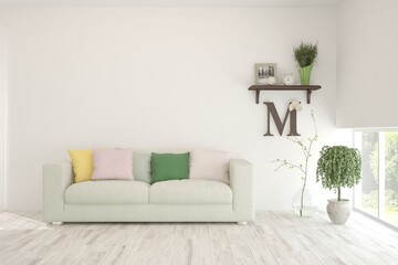 White living room with sofa. Scandinavian interior design. 3D illustration