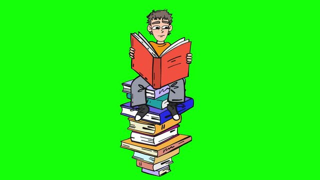 Young person sitting on giant books and read cartoon animation isolated on green screen