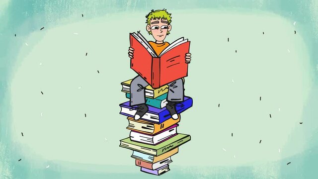 Young person sitting on giant books and read cartoon animation