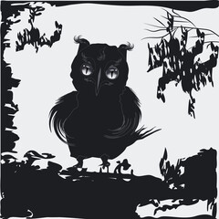 Owl in a dark abstract forest - black and white background - vector. Witchcraft. Magic. Halloween party
