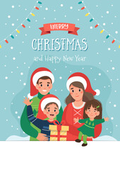 Christmas card with happy family and lettering. Cute vector illustration in flat style