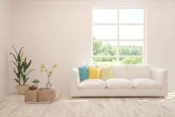 White living room with sofa and summer landscape in window. Scandinavian interior design. 3D illustration