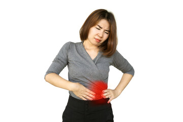 Asian woman suffering from stomach pain in left side