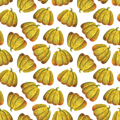 Big yellow pumpkin. Simple print with watercolor illustrations of vegetables on a white background. Seamless pattern with autumn crop for fabric, textile, paper. Stock image.