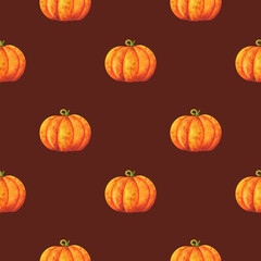 Big orange pumpkin. Simple print with watercolor illustrations of vegetables on a maroon background. Seamless pattern with autumn crop for fabric, textile, paper. Stock image.