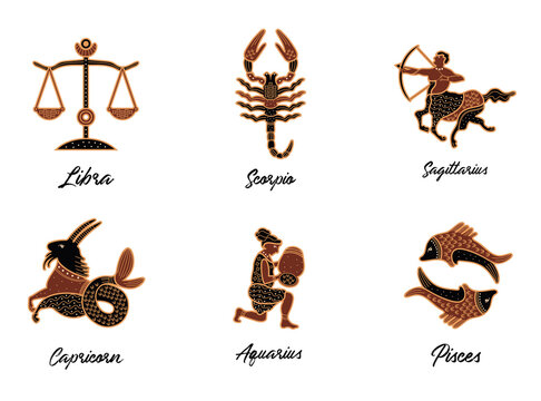 Set of zodiac signs. Libra, Scorpio, Sagittarius, Capricorn, Aquarius, Pisces