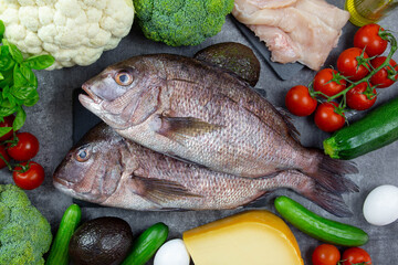 Balanced diet nutrition keto concept. Assortment of healthy ketogenic low carb food ingredients for cooking. Vegetables, meat, fish, cheese and eggs. Top view.