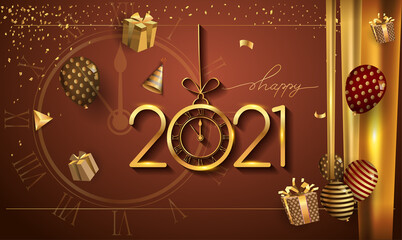Happy New Year 2021 - New Year Shining background with gold clock and glitter.