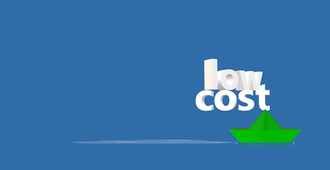 Graph of green paper boat over the Low Cost text. A sympathetic 3D illustration of low cost carrier or low cost travel agency, abbreviated as LCC. Maritime transport at a reduced price.