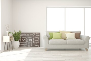 White living room with sofa. Scandinavian interior design. 3D illustration