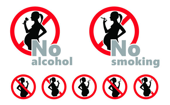 Warning caution no alcohol or smoke during pregnancy period Stop drinking signs Pregnant woman Vector wine bottle and glass No Ban allowed logo icons Forbid alcohols drink Forbidden smoking pictogram