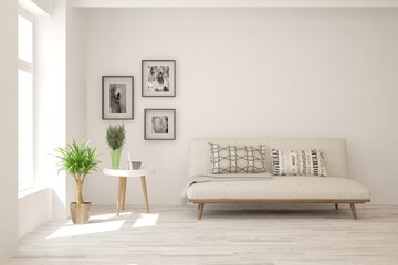 White living room with sofa. Scandinavian interior design. 3D illustration