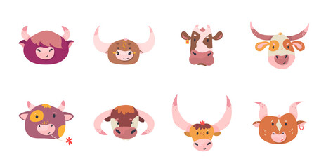 Set of cute cows and bulls.Trendy vector illustrations.