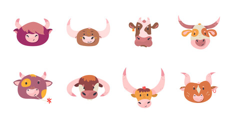 Naklejka premium Set of cute cows and bulls.Trendy vector illustrations.