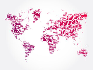 Fototapeta na wymiar Manners word cloud in shape of world map, concept background