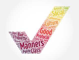 Manners check mark word cloud collage, concept background