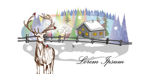 Christmas card. Deer and bullfinch on the background of a winter village landscape.