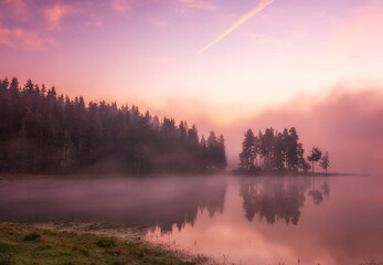 Fototapeta premium Mystical light in the early morning. Landscape with Shiroka polyana (Wide meadow) Rodophe mountain. Bulgaria