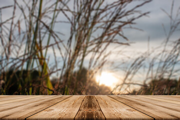 Showcase an old wooden table shelf over a beautiful sunrise and blurred nature background.