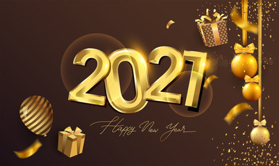 Naklejka premium Happy New Year 2021 - New Year Shining Background with Gold Clock and Glitter.