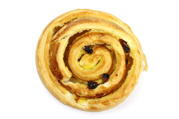 Fresh snail bun with raisins isolated on white