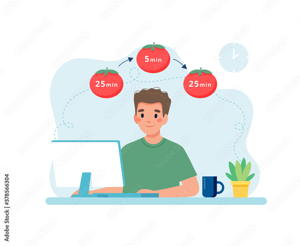 Poster man working with computer using time management. pomodoro technique concept