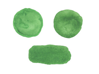 Watercolor round and rectangle green stains on white background