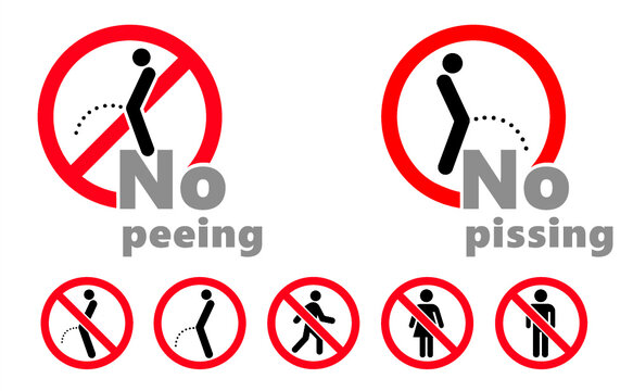 Prohibited no peeing or pee sign Warning o pissing signs Woman man is urinating icons Stream of urine drops Caution piss off icon Ban Stop halt allowed vector Do not excretion or excrete drop symbol